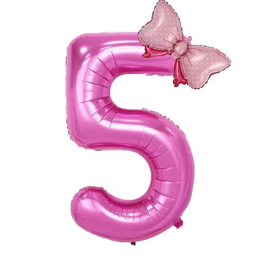 32inch Number Pink Foil Balloon With Mini Bow Set 1 2 3 4 5 6 7 8 9 For Kid Boys Girls Birthday Party Baby Shower Decorations
