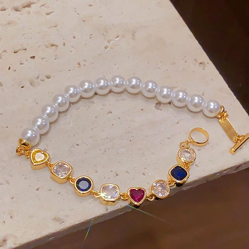 18K Gold Plated Zircon Pearl Heart Bracelet – Elegant & Versatile Jewelry for Women