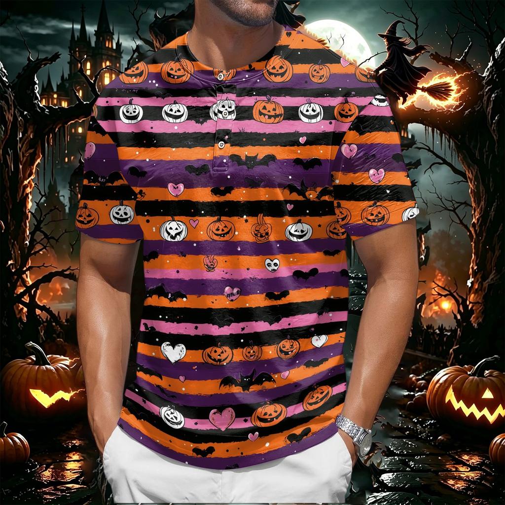 Men's Halloween Print Short Sleeve Henley Shirt Casual Round Neck Top with Button Detail Lightweight Breathable Fabric