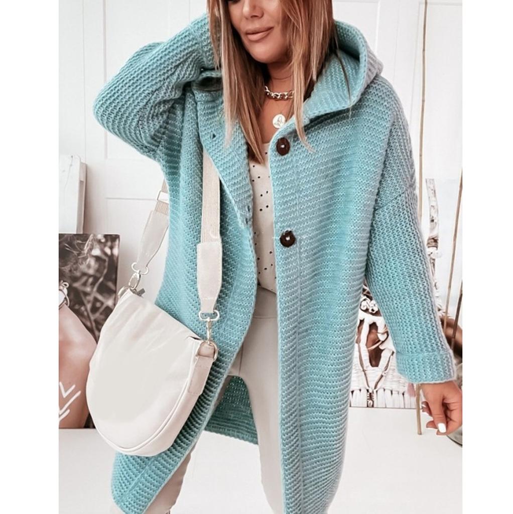 Women's Hooded Knitted Cardigan Solid Color Long Sweater Coat Thickened Winter Warm