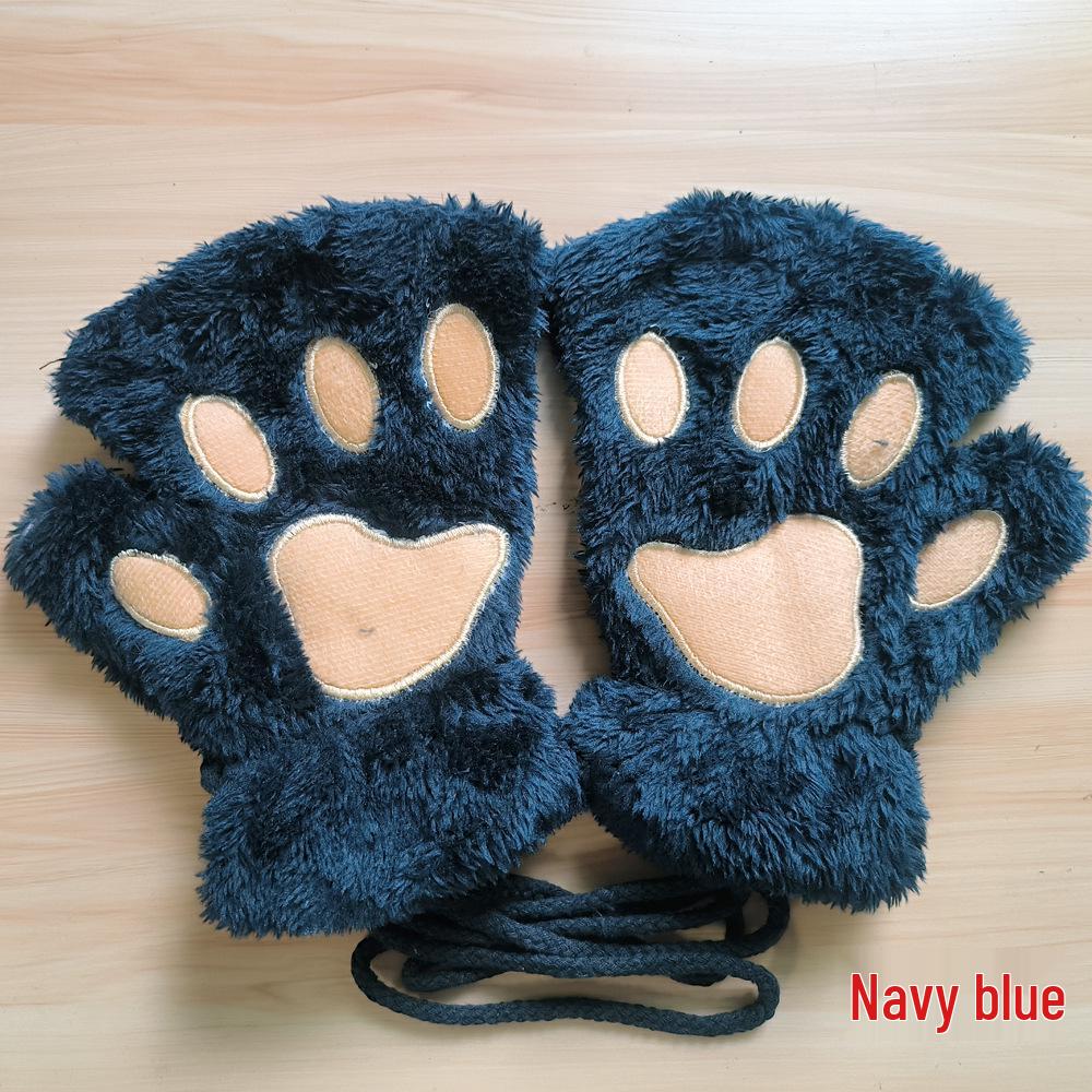 Women's Cute Cartoon Bear Paw Fingerless Plush Gloves with Hanging Neck