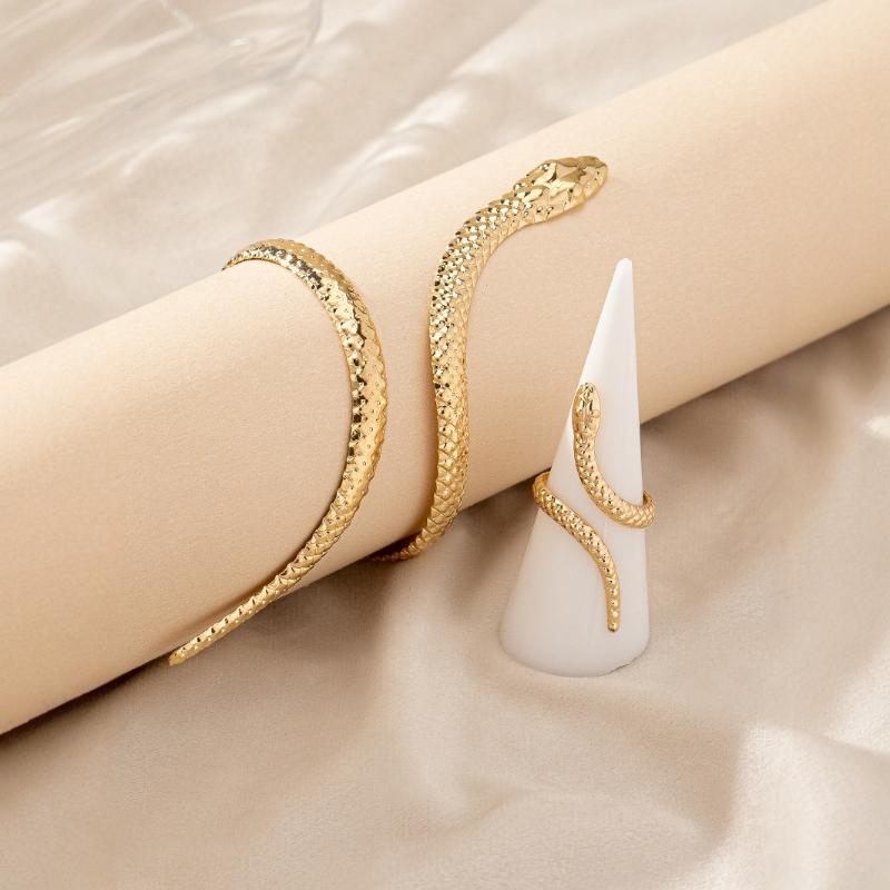 2Pcs Punk Snake Shaped Bracelets Ring Jewelry Set Spiral Snake Opening Bracelets Finger Rings Female Male Hand Jewelry