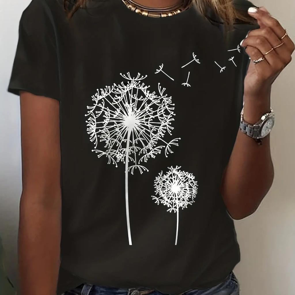 T-shirt girocollo con stampa di tarassaco, top casual a maniche corte per primavera ed estate, abbigliamento da donna