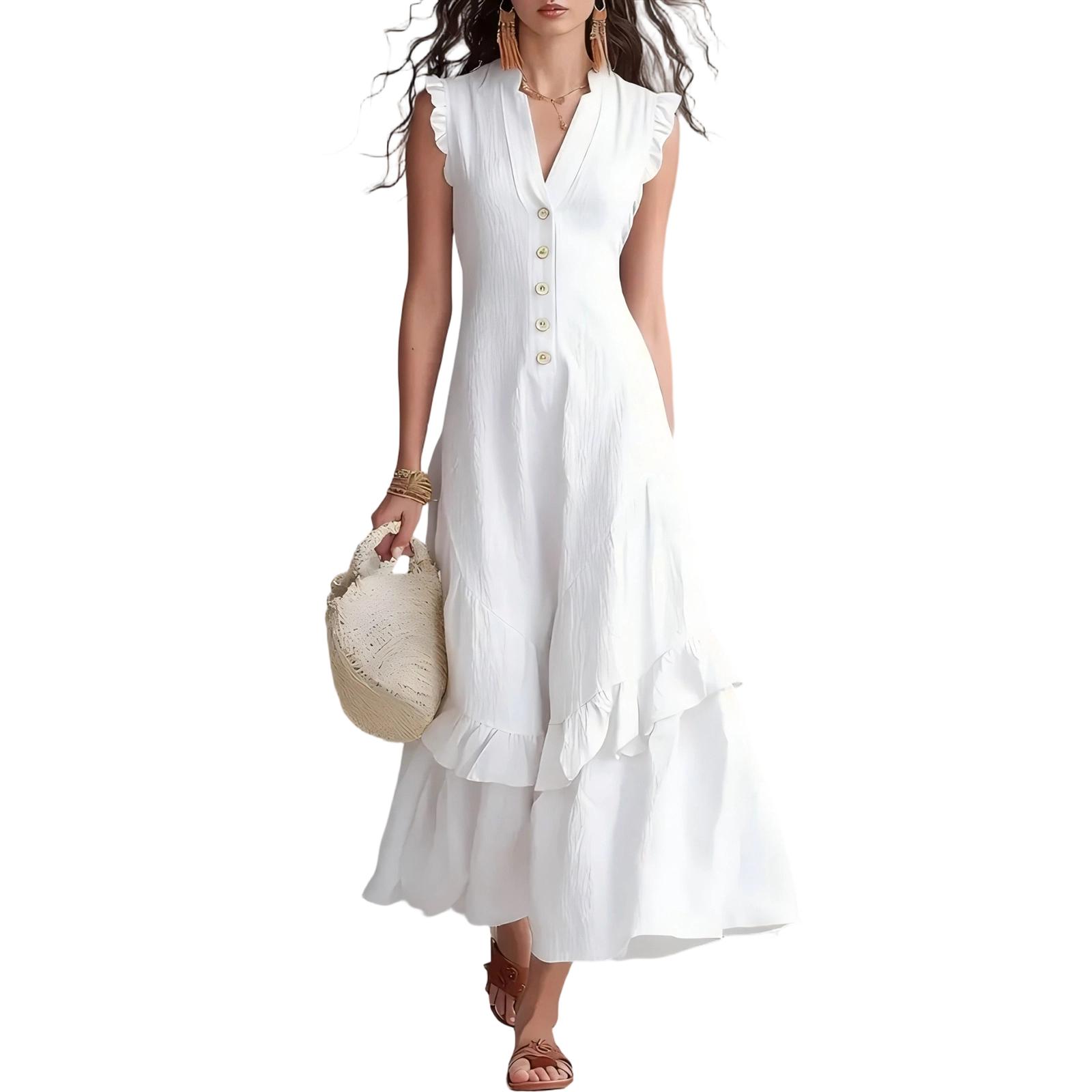 Women s Sleeveless Cotton Linen V-Neck Dress XXL белый