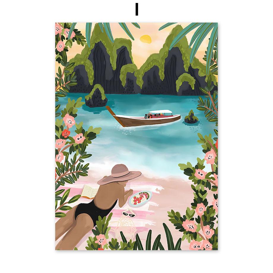 Boho Abstract Girl Lake Birds Leaf Illustration Wall Art Canvas Painting Nordic Poster And Prints Pictures For Living Room Decor