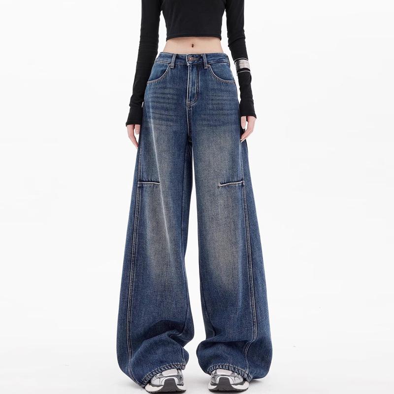 

Women s Plus Size High-Waisted Retro Blue Wide-Leg Jeans - Pear Shape Flattering, Floor-Length, Curved Blade Design M