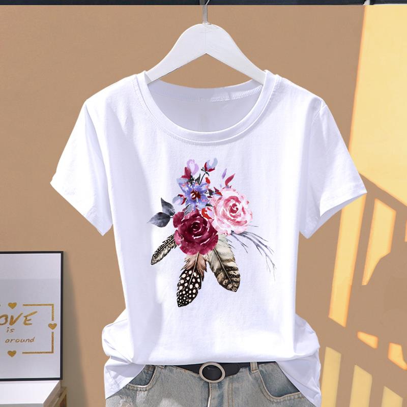 (Asian Size) Letter Flower Trend Short Sleeve T-shirts Women's Top T Clothing Print  Fashion Female Casual O-neck Graphic Tee