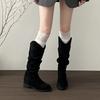 Retro fashion V-mouth stacking tall boots women's shoes spring and autumn round head western denim long tube thick heel boots