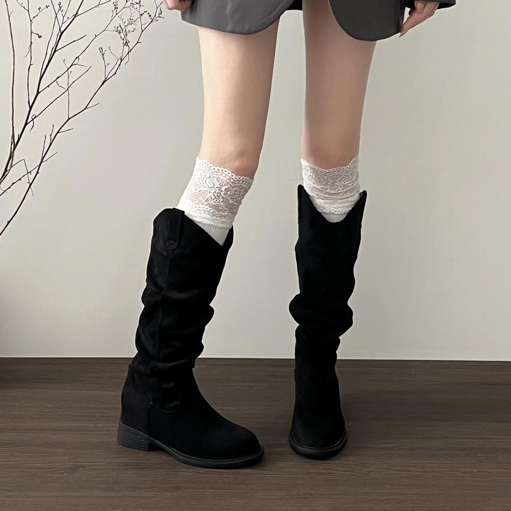Retro fashion V-mouth stacking tall boots women's shoes spring and autumn round head western denim long tube thick heel boots