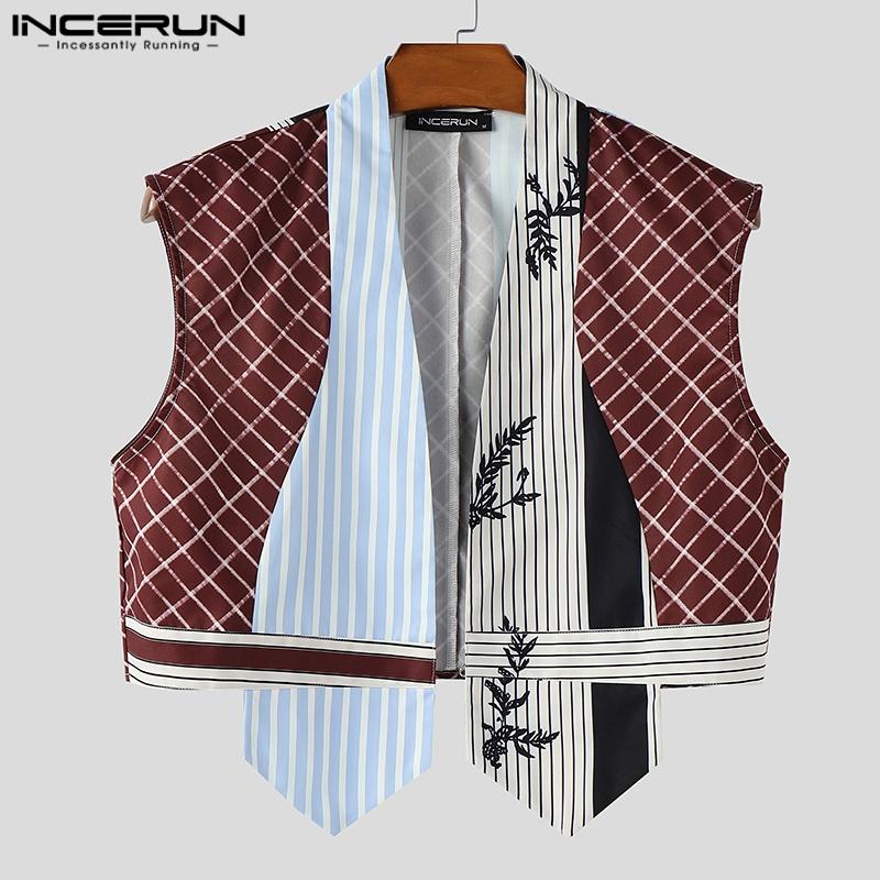 INCERUN Summer Men Sleeveless Plaid Striped Print Irregular Short Tank Tops