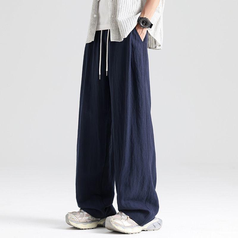 Linen Men Pants Thin Solid Color Casual Comfortable Breathable Pocket Fashion Wide-leg Long Pants Outwear