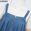 VONDA Summer Women Strap Sleeveless Solid Color Lotus Leaf Hem Casual Thin Mini Dress