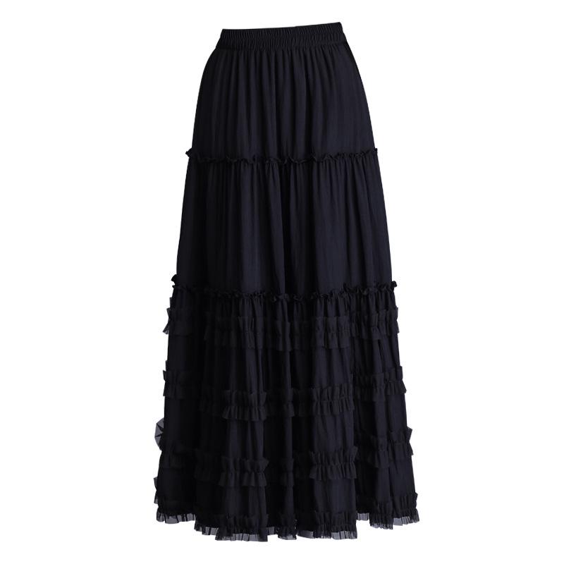 2026 Summer Women's Korean A-Line White Midi Skirt – High Waist, Lace Trim, Drape Design