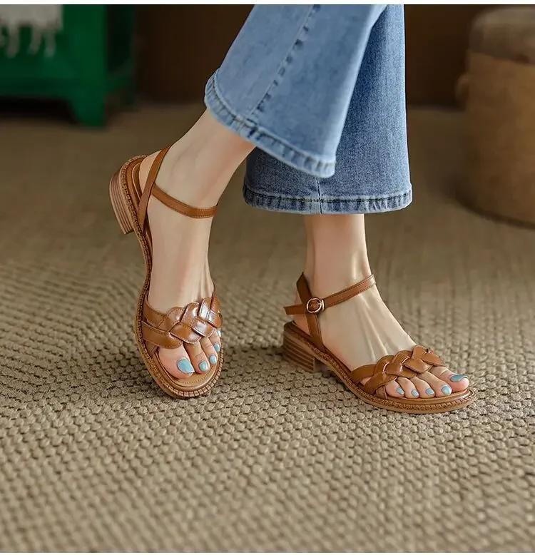 

Fashion Summer Women Sandals Open Toe Low Heel Braided Line Button Beach Line Sandals Flat Soft Leather Retro Roman Women Shoes 40 темно-коричневого