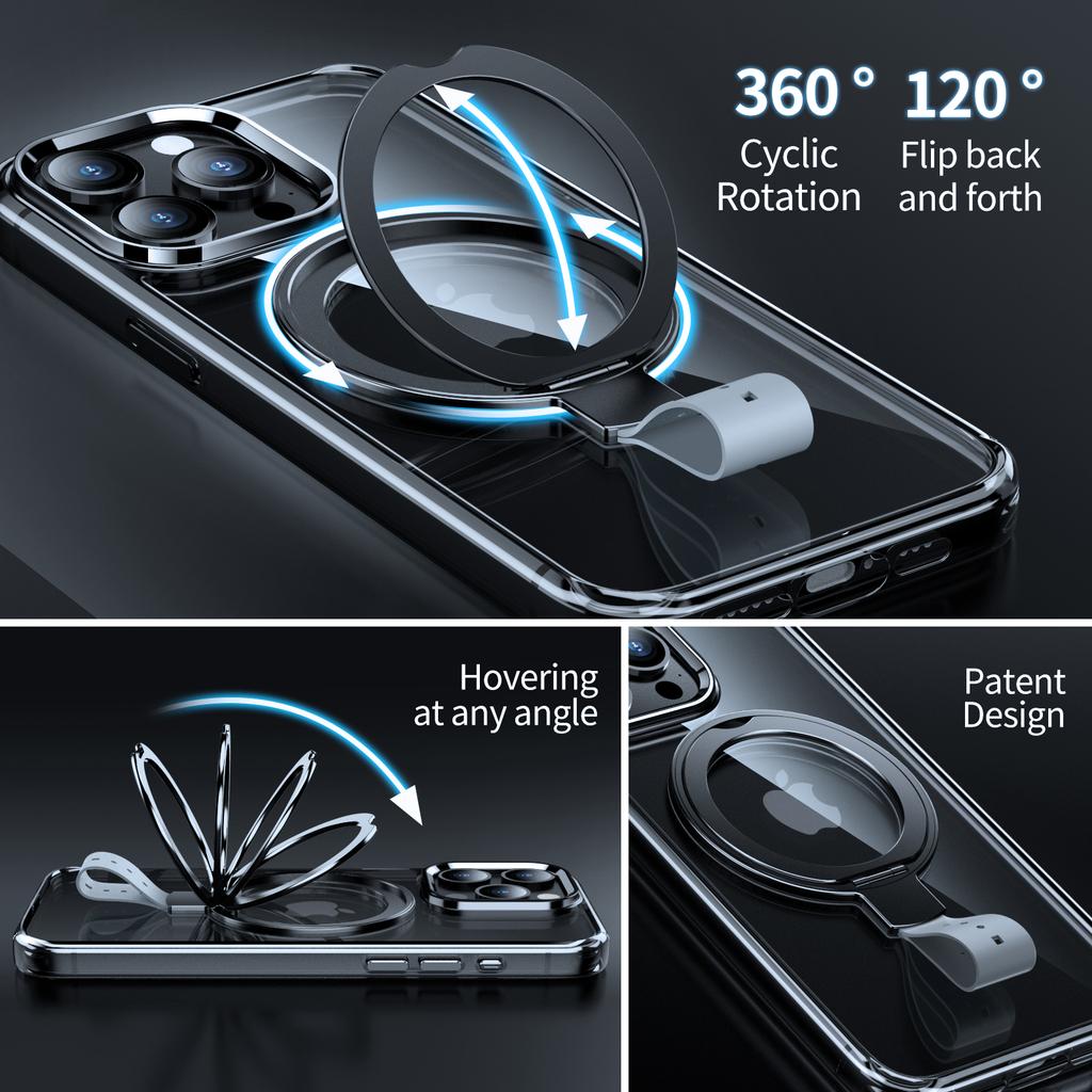 Für iPhone 14 Pro Max Magnetische Hülle Transparentes PC Hart Handyhülle Drehbarer Griffhalter