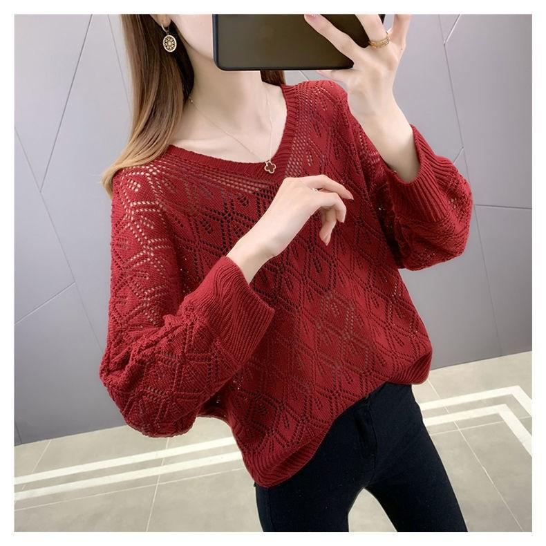 Women's's Thin Spring Loose Bat Shirt Short Top V-neck Hook Flower Hollow Knitted Sweate Crocheted Hollow Knitted Three-quarter Sleeve Blouse