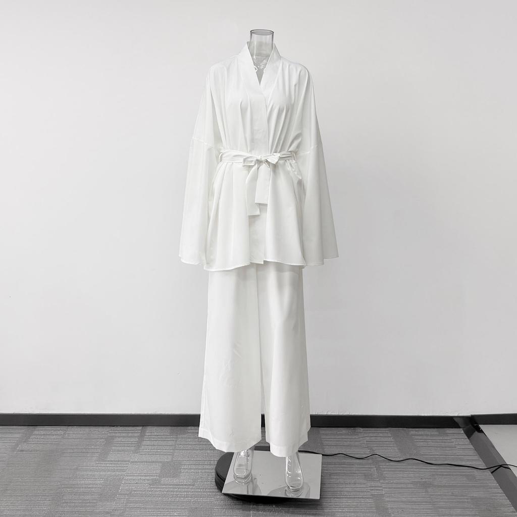 Elegant Tie-Up Cardigan & Long Pants Set - Solid Color, Long Sleeve, European & American Style Women's Home Wear