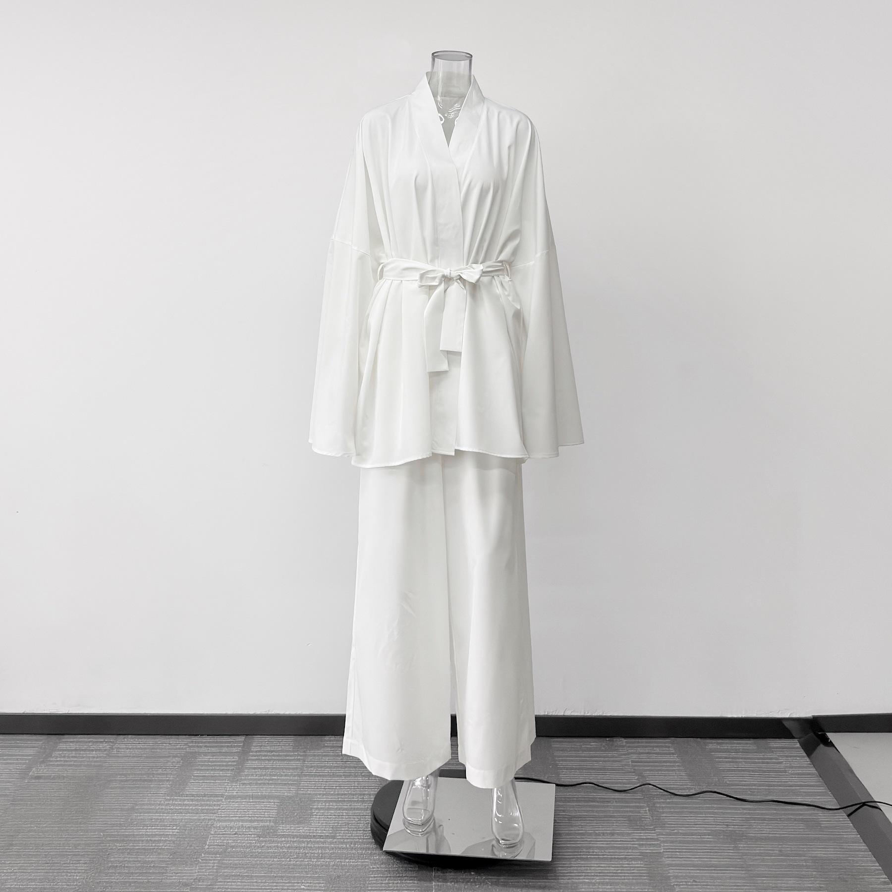 

Elegant Tie-Up Cardigan & Long Pants Set - Solid Color, Long Sleeve, European & American Style Women s Home Wear One Size