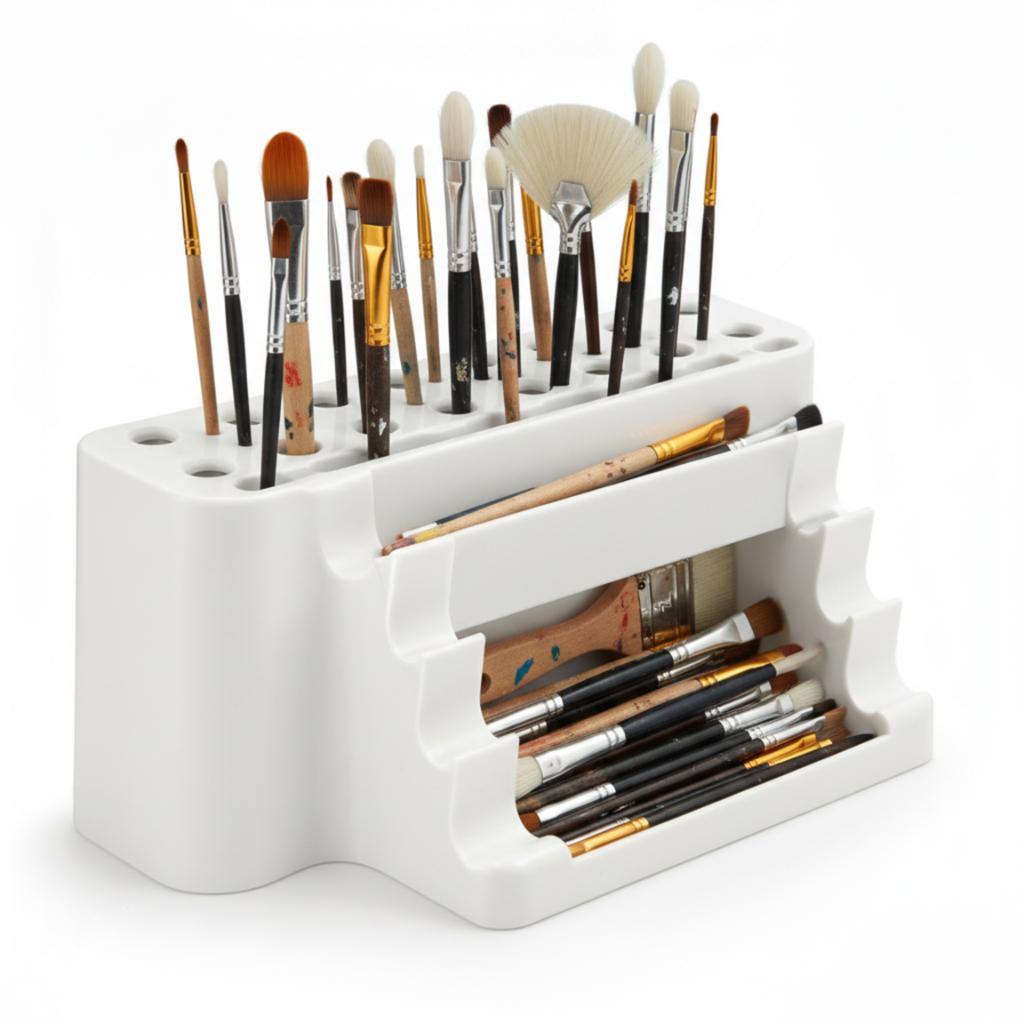 Paint Brush Organizer, White Stand with Tray, 26 Places