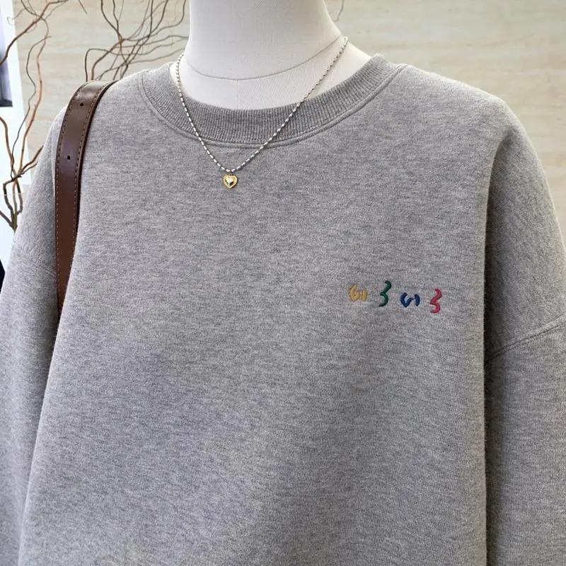 Autumn and Winter Korean Style Embroidered Thickened Velvet Warm Loose Round Neck Pullover Sweatshirt for Women