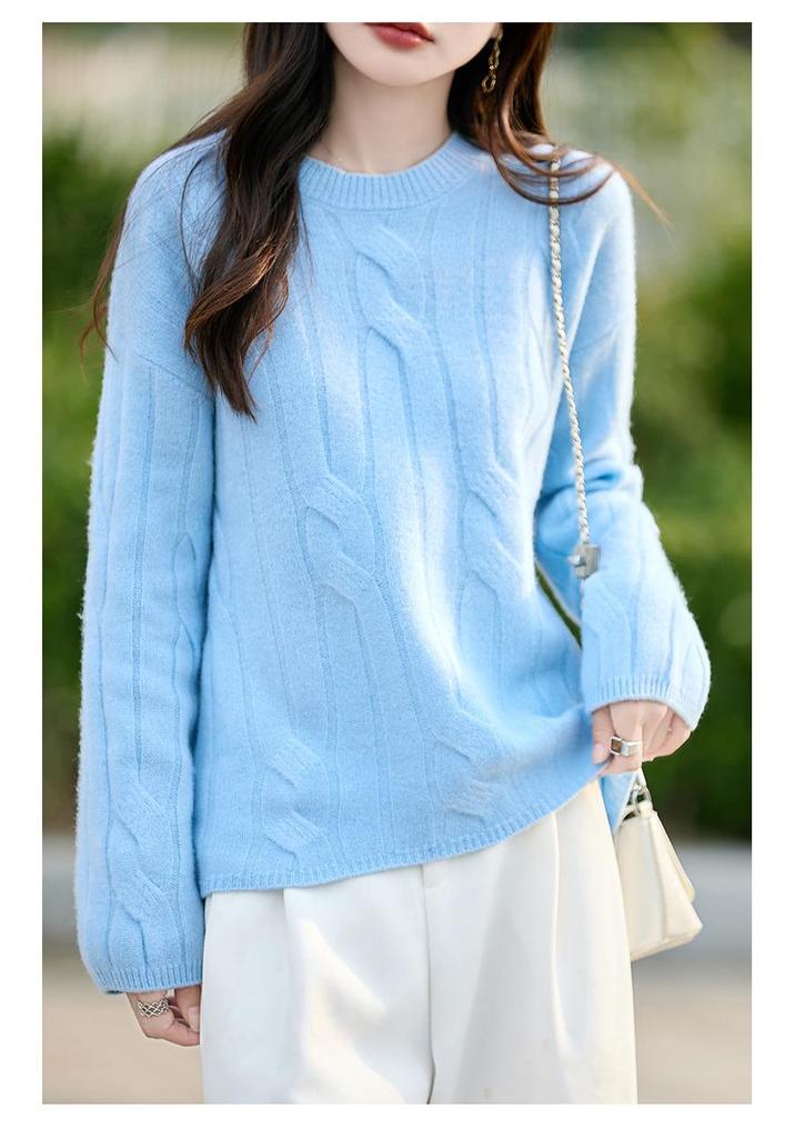 Women's 100% Wool Cable Knit Pullover - Round Neck, Long Sleeve, Solid Color, Loose Fit