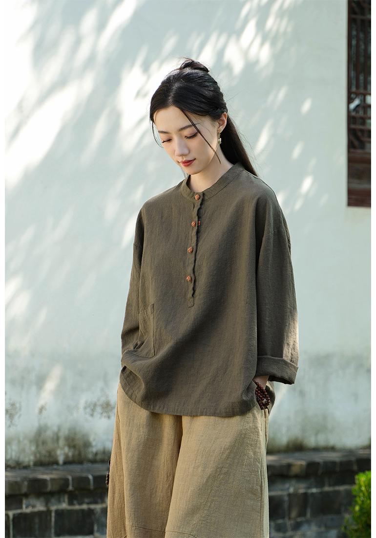 2025 Autumn Cotton Linen Women s Color Block Stand Collar Frog Button Pullover Plus Size Top One Size