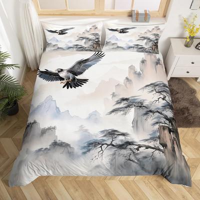 Funda Nórdica Escenario Pintura China a Tinta Completo Paisaje Natural Montaña Juego de Cama Funda de Edredón Águila Poliéster Funda de Edredón