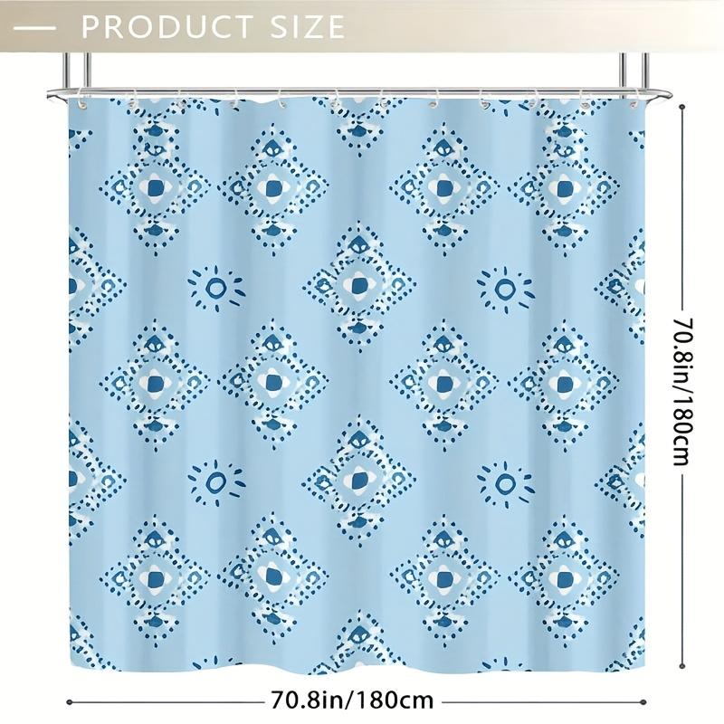1pc Retro Blue Ethnic Pattern Shower Curtain,Durable Polyester, Easy Clean,Plastic Hooks, Geometric Design for Bath/Window Decor