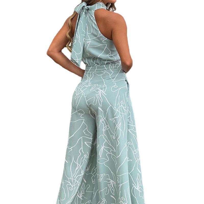 Women's Sleeveless Crew Neck Slimming Print Jumpsuit with Lace-up