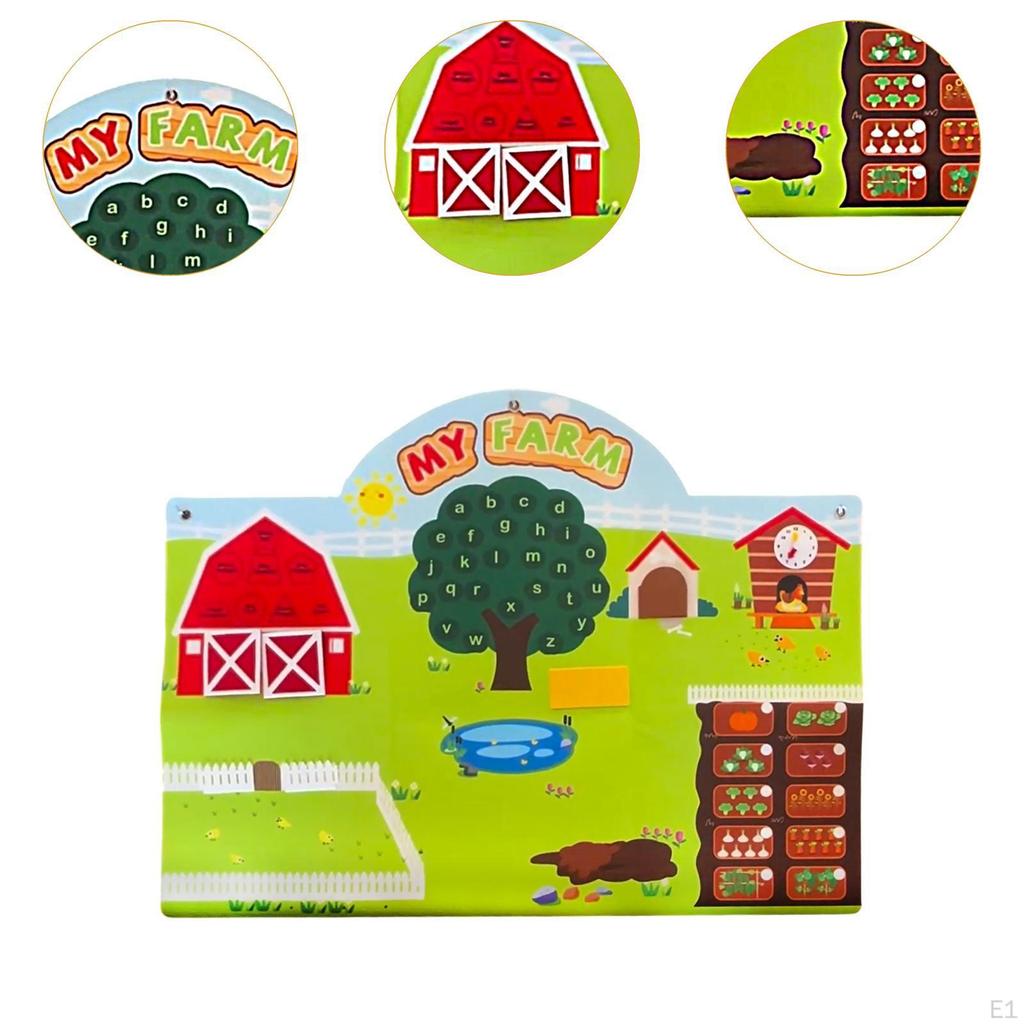Zestaw materiałowy tablicy do opowiadania o zwierzętach gospodarskich Przedszkolny motyw farmy, zagrody, stodoły Tablica manipulacyjna, zabawki do zawieszenia na ścianie