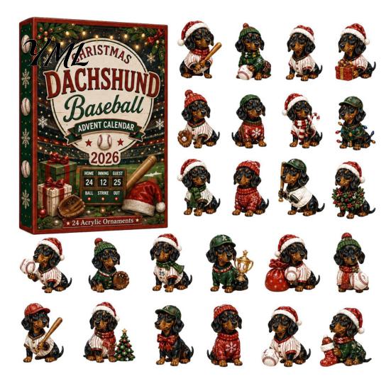 Dog Lover Holiday Advent Gifts 2026 Dachshund Calendar, 24 Days Acrylic Baseball Figures Theme Party Supplies Christmas Countdown Collectible Cartoon