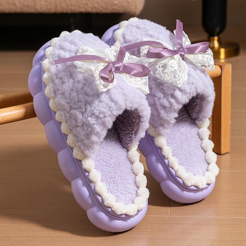 Fashion Woman Retro Fashion Bow Cotton Slippers Female Autumn Winter Indoor Home Slippers 2025 Warm Soft Plush Girls Cotton Footwear