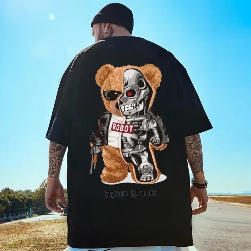 American retro diamond skeleton bear print T-shirt for men 100% cotton fashionable T-shirt loose top