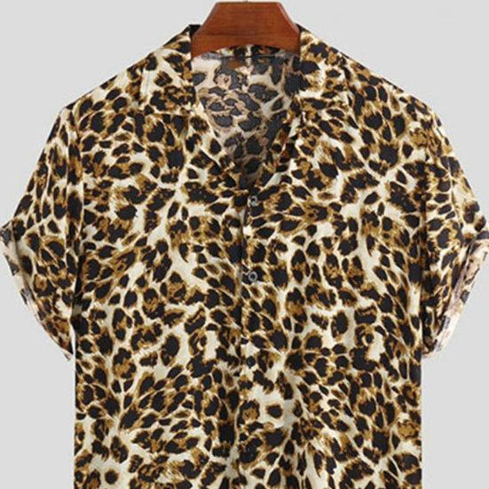 Men Summer Lapel Short Sleeve Shirt Top Leopard Print Single-Breasted Thin Hawaiian Beach Casual Shirt Streetwear