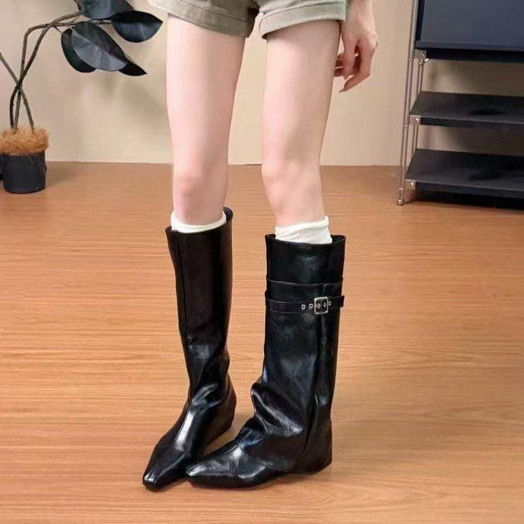 British Style, Cool And Fashionable, Two Wearing Removable Retro Belt Buckle Straight Boots For Women, Minimalist High-End Trouser Boots For Women