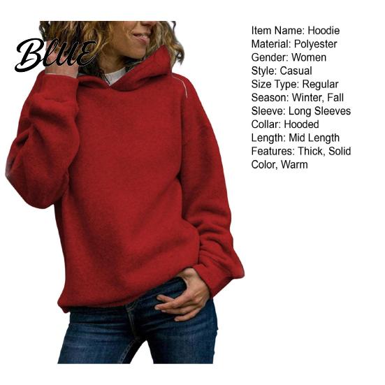 Thick Hoodie Fall Winter Women Pure Color Loose Long Sleeves Elastic Relaxed Fit Pullover Cuff Warm Sport Top Casual Style Street Wear Autumn