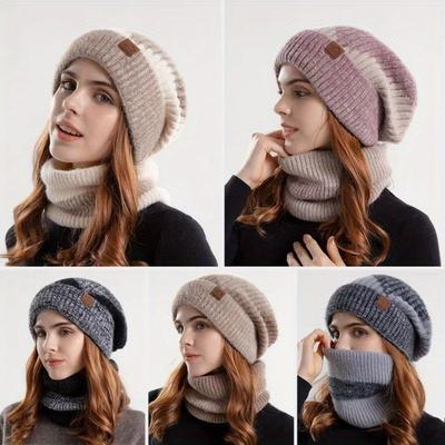 2PCS Winter Warm Women's Beanie Scarf Thick Warm Two-piece Ear Protection Bonnets Scarf Outdoor Skiing Angora Knitted Hat