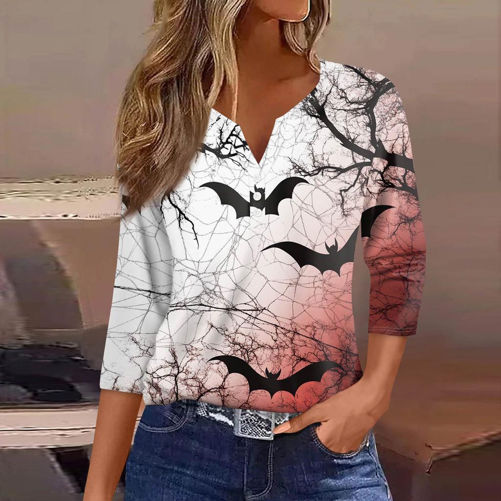 Women's Fashion Casual T-Shirt V-Neck Seven Sleeve  Printed Button Top