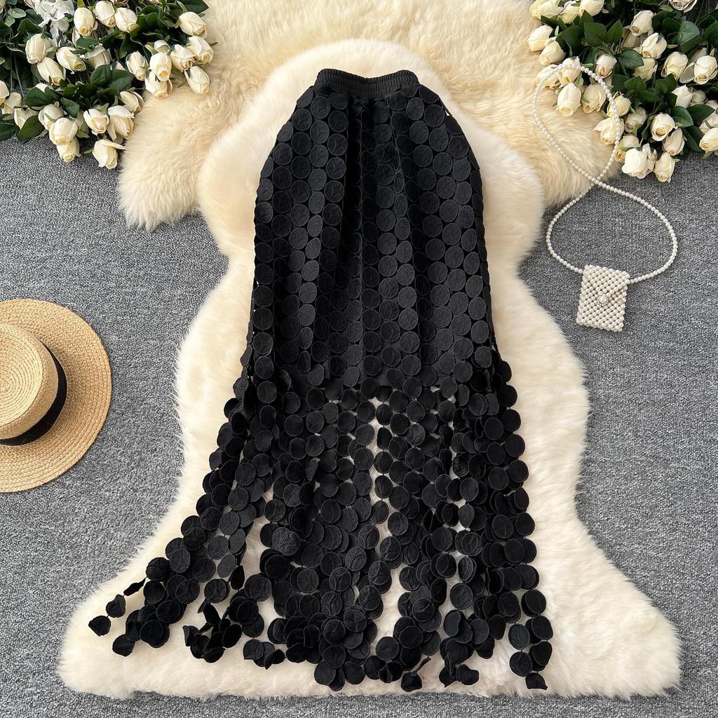 DIMANAF 2025 Neue Rock Frauen Stricken Spitze Lange Urlaub Solide Aushöhlen Sexy Dot Sommer Stil Lose Grundlegende Kleid