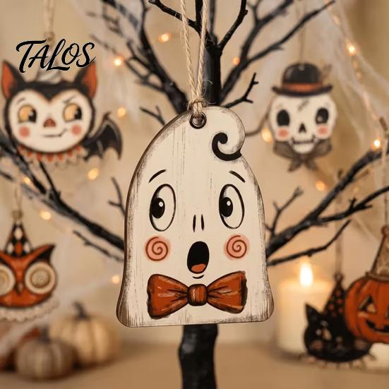 Halloween Party Supplies for Home 6 Pcs Vintage Wooden Ornaments, Rustic Farmhouse Cat Owl Pumpkin Ornaments Ghost Hanging Decorations Tree
