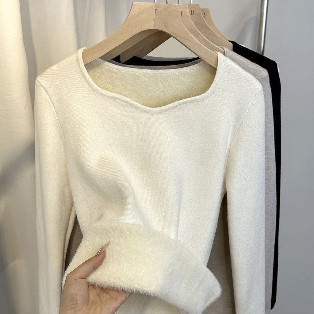 Podzimní a zimní vše v jednom teplé sametové spodní prádlo pro ženy se čtvercovým výstřihem, zesílený hřejivý a plyšový spodní díl, svetr, top slim fit