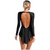 Womens Performance Bodysuit Deep V Neckline Long Sleeve Backless Style Glittery Rhinestones Fringe Dance Leotard