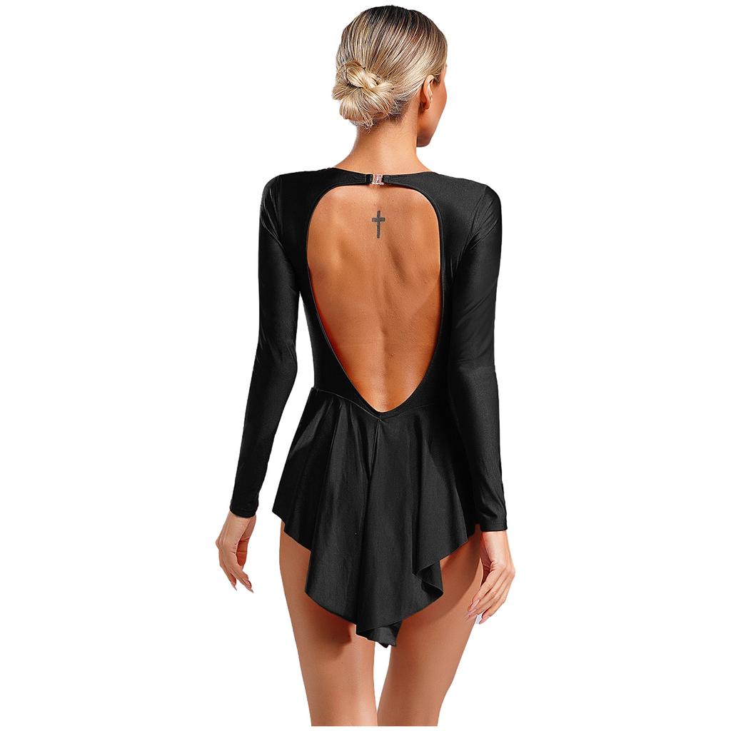 Womens Performance Bodysuit Deep V Neckline Long Sleeve Backless Style Glittery Rhinestones Fringe Dance Leotard