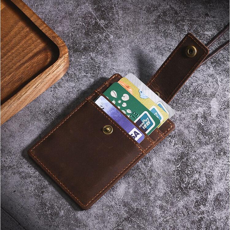 US Retro Crazy Horse Leather ID Card Badge Holder with Lanyard for Mens Multi Card Slots Coffee Cards Cases Office Supplies