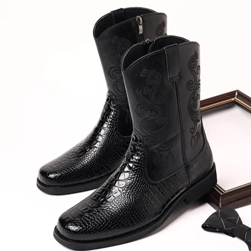 2025Men's Boots Classic Retro Embroidered Mid-Calf Boot Fashion High-top Casual Leather Boot Luxury Western Cowboy Boots for Men