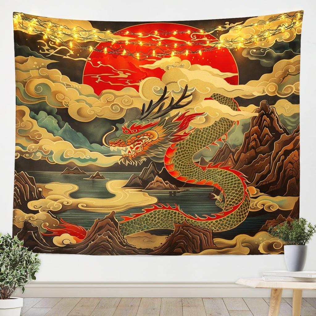 Vibrant Chinese Dragon Tapestry Wall Hanging Oriental Asian Art Decor Mythical Beast Red Sun Palace Fantasy Home Decoration Post