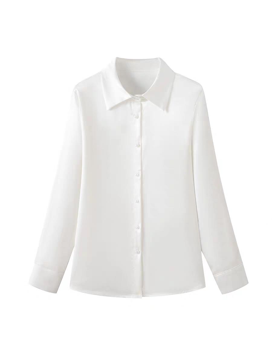 Zhao Lusi-Style French White V-Neck Satin Shirt - Autumn/Winter Slim Professional Top Medium