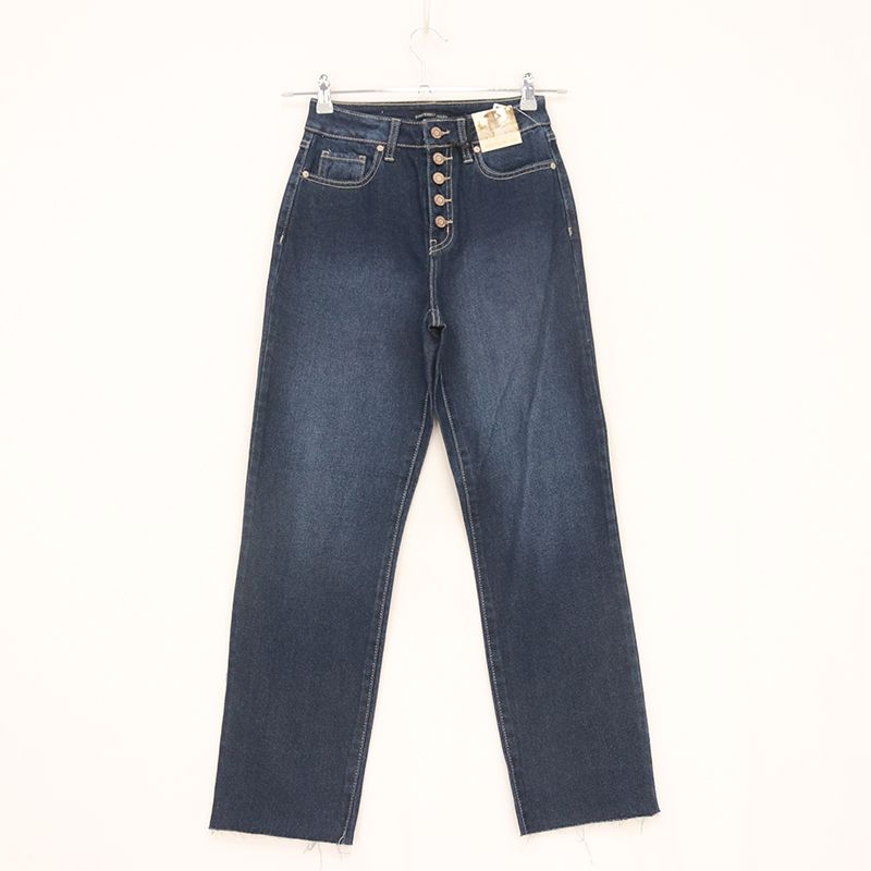 

European and American Single Spring and Autumn Women s Clothing High Waist Five Buttons Easiest for Match Trimming Denim DD Dark blue [waist black label]] 27