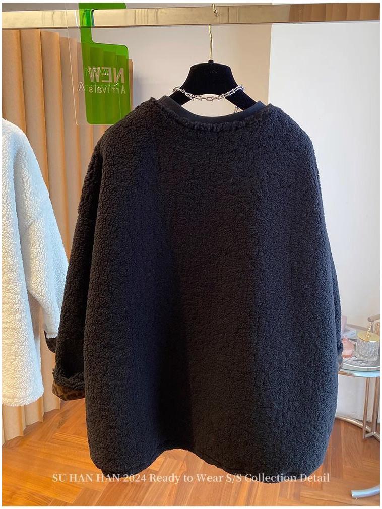 High-End Lazy Style Round Neck Sweatshirt - Imitation Lamb's Wool, Solid Color, Thickened for Autumn/Winter, 2025 Collection.
