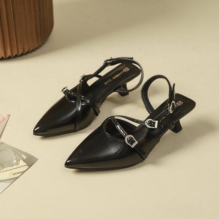2025 new French design patent leather pointed head shallow mouth belt buckle high heels soft sole thin heel single shoes women